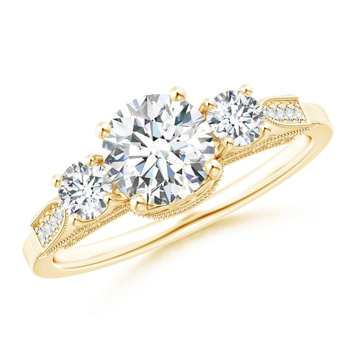 April Birthstone Ring , Vintage Inspired Diamond Three Stone Engagement Ring in 18K Yellow Gold (6.3mm Diamond) , SR1543D,YGE,GHVS,6.3,4.5